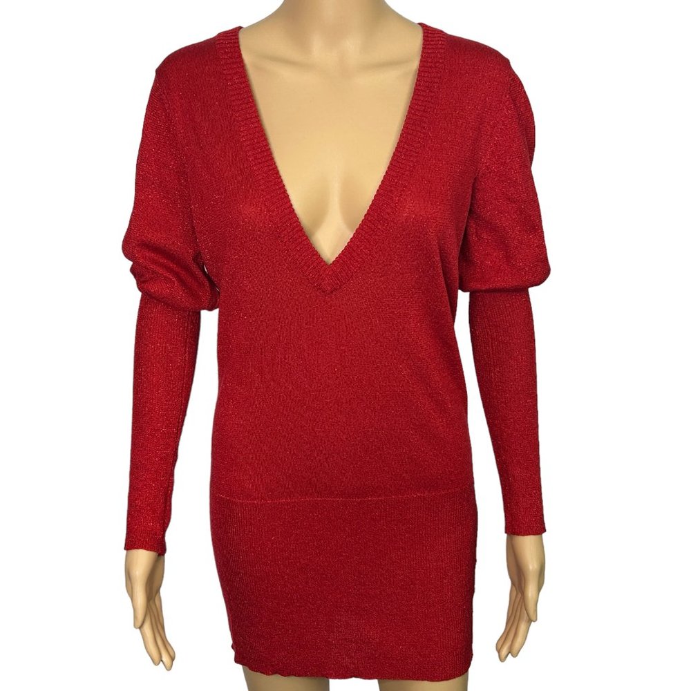 Vintage Mixit Womens L Red Sparkle‎ Fabric Tunic Long Sleeve V-Neck Sweater